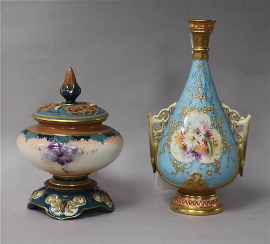 A Royal Worcester two-handled vase, shape no. 982 and a Hadleys Worcester Faience pot pourri and cover, H 14cm